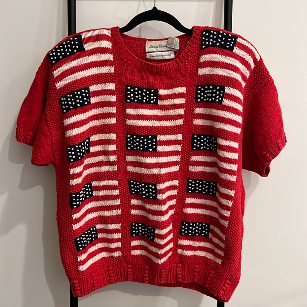 Vintage Sweater Knit Red American Flag Patriotic Marisa Christina II Size 1X